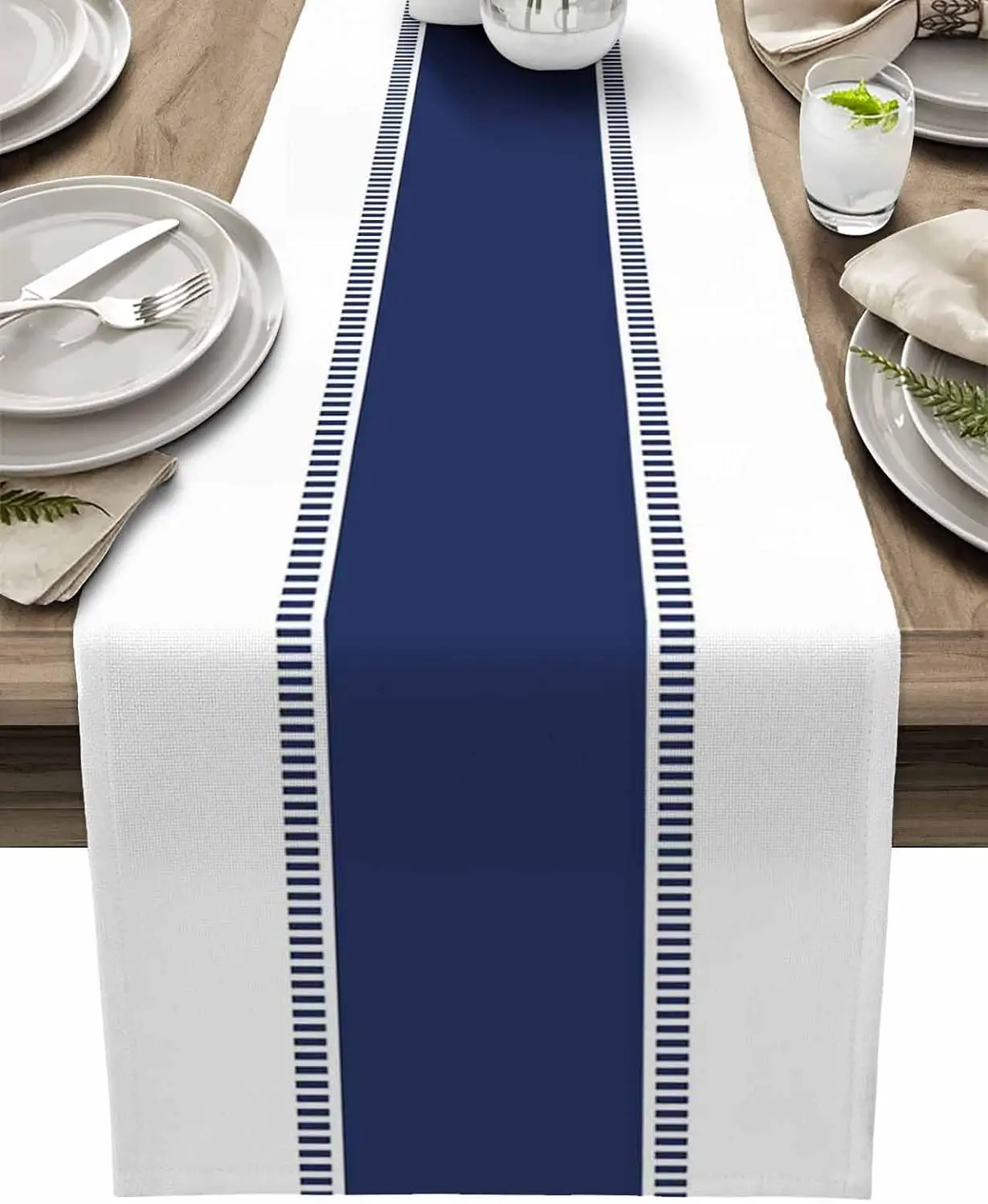 Navy Blue Stripes Linen Table  - Christmas Table Runner ulasan dan harga