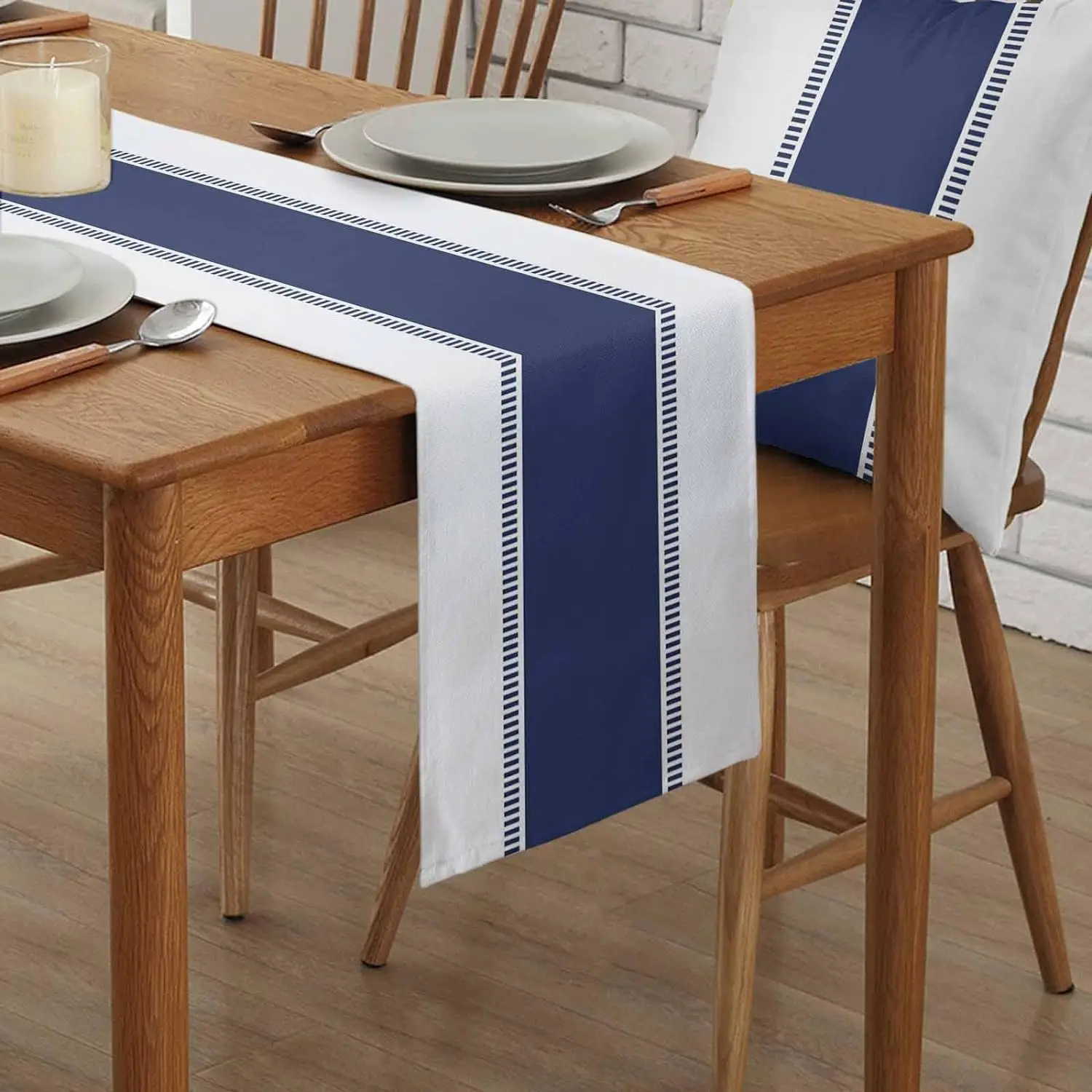 Navy Blue Stripes Linen Table  - Christmas Table Runner ulasan dan harga